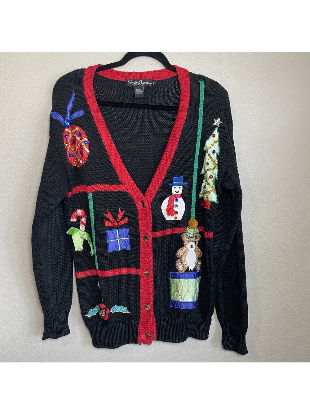 VTG 90s Black Sz S Holiday Grandmacore Ugly Christmas Sweater Knit Cardigan
